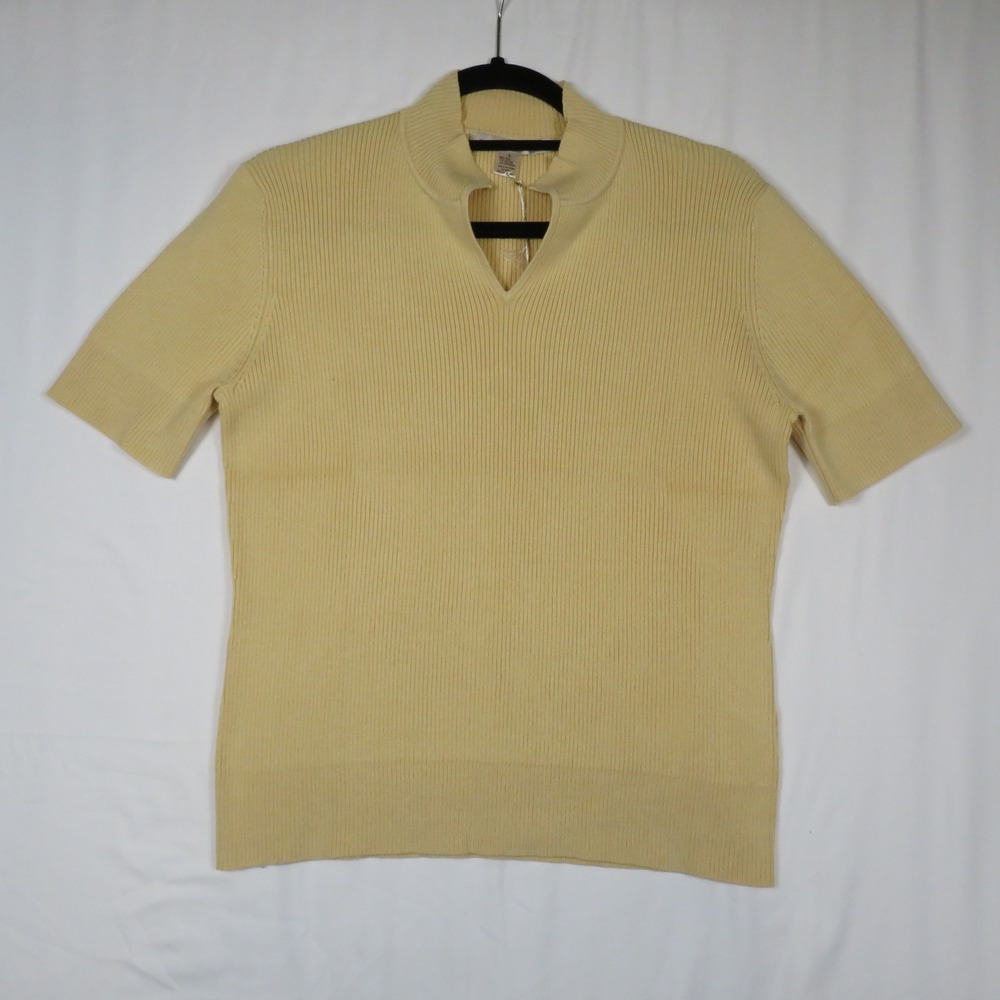 Belford Womens Top L Yellow‎ Ribbed Knit Short Sleeve Mock Neck Cutout Stretch
